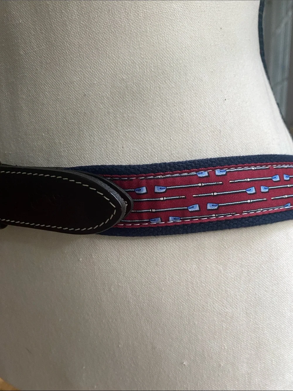 NWOT Men's Vinyard Vines belt brass brown leather trim canvass rowing size 32